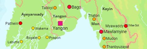Myanmar Regionen, Bundesstaaten und Städte